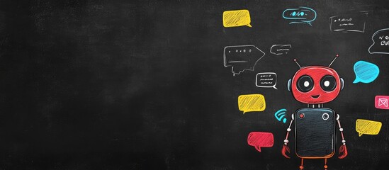 Poster - Chalkboard Illustration of a Colorful Chatbot with Speech Bubbles and Space for Text in a Creative Communication Concept Design