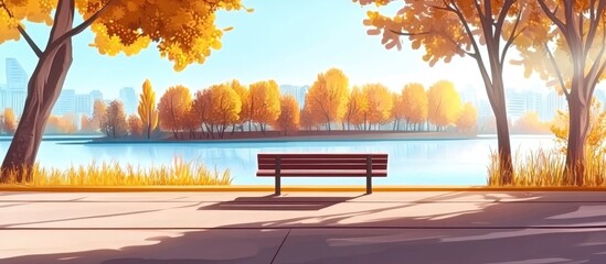 Poster - Autumn park scene featuring a serene lake long shadows and a vacant bench inviting relaxation on a sunny day with ample text space
