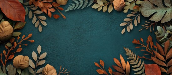 Poster - autumn background with vibrant dried leaves and plants creating a frame for text on a dark surface i