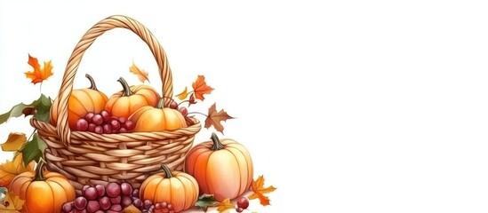 Poster - autumn harvest scene featuring a wicker basket filled with pumpkins and grapes against a blank white