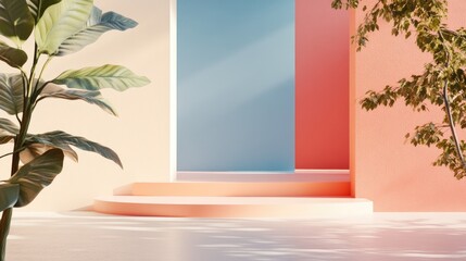 Poster - aesthetic minimalist background for creative collaboration with space for text and fresh greenery ac