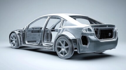 Poster - Aerodynamic car body design with detailed simulation mesh and blank space for customizable text placement