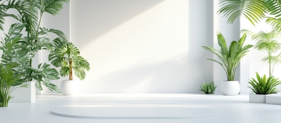 Poster - minimalist interior room design featuring white walls open to outdoor elements with ample copyspace 