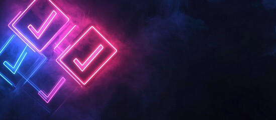Poster - 3D Neon Check Marks in Vibrant Colors on Dark Background with Space for Custom Text or Branding