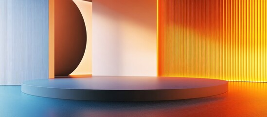 Poster - Futuristic abstract meeting room interior design with vibrant colors and display screen featuring empty space for your creative text.