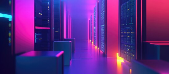 Poster - High-tech 3D data center interior with vibrant lighting and server racks ideal for IT outsourcing and server hosting concepts