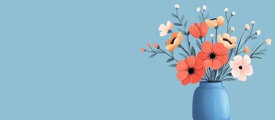 Poster - vibrant floral arrangement in light blue vase on pastel background with space for text or branding