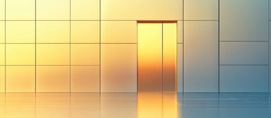 Poster - Modern bank entrance with golden facade showcasing finance investment opportunities and empty space for promotional text or advertising content.