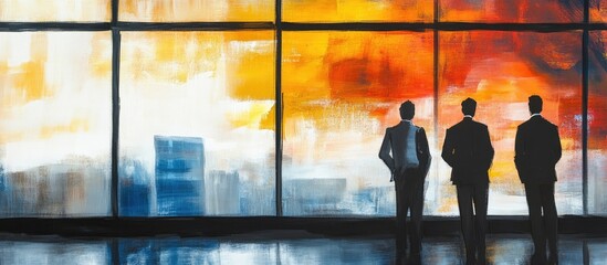 Poster - Business Team Strategizing Together by Window Against Colorful Abstract Background with Copy Space for Text