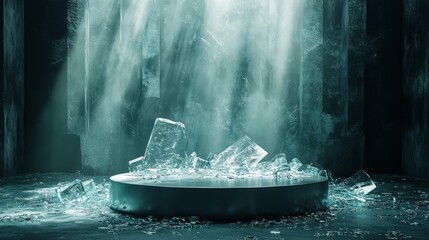 Poster - Cracked glass podium with dramatic lighting and scattered glass shards around