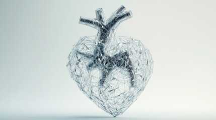 Poster - Vector isolated heart low poly from metall wireframe and points. Polygonal 3D white human organ on dark background. Medicine concept with geometry triangle. Abstract mash line and point origami.