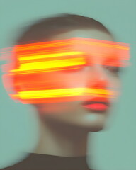 Blurred retro portrait of a girl with orange lips and makeup. The effect of a smeared light stroke, a strip of orange light on the model's face. High fashion. Glamour.