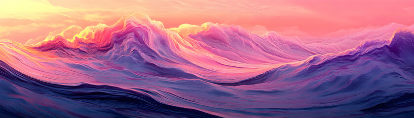 Wall Mural - Sunset Hues Over Dreamlike Mountains,  painted landscape glows vibrantly under evening sky.