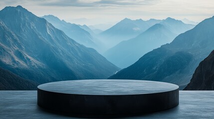 Wall Mural - minimalist black podium overlooking a vast and rugged mountain range