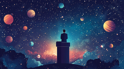 Poster - Abstract image of a business man standing behind rostrum in the form of a starry sky or space, consisting of points, and shapes in the form of planets, stars and universe. Vector wireframe concept.