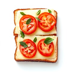 Wall Mural - Two sandwiches with cheese and tomatoes isolated on white background, top view.