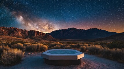 Poster - Podium placed in a scenic mountain meadow under a clear starlit sky 