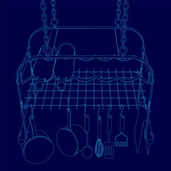 Poster - Blue drawing of a kitchen with a hanging rack for pots and pans. The rack is filled with various utensils and cookware