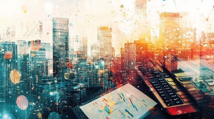 Poster - Double Exposure Cityscape with Office Elements in Vibrant Colors