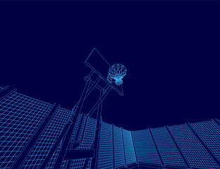 Poster - Blue basketball court with a basketball hoop in the center. The hoop is empty