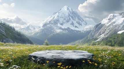 Poster - Podium set in an alpine meadow with a snow-capped mountain backdrop