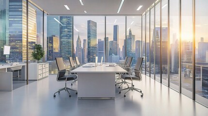 Wall Mural - Modern Office Interior with View of Skyscrapers at Sunset