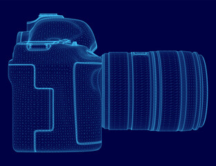 Poster - Blue image of a camera lens. The lens is shown in a 3D format, with a focus on the details of the lens. Concept of depth and realism