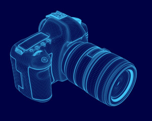 Poster - Blue image of a camera with a blue lens. The camera is shown in a pixelated style, giving it a futuristic and artistic look. Concept of technology and innovation