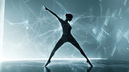 Poster - hologram dance. dancer from polygons, triangles points and lines. dance lowpoly connection structure