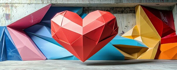 Poster - Colorful Geometric Heart Sculpture Amidst Modern Abstract Shapes in a Contemporary Art Space