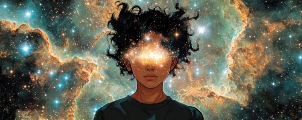 Poster - Abstract artistic representation of a young person with cosmic facial features surrounded by vibrant stars and space elements in vivid colors