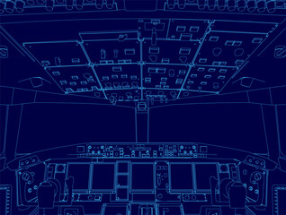Poster - Blue drawing of an airplane cockpit. The cockpit is shown in a very detailed and realistic way, with the controls and instruments clearly visible. Scene is one of precision and focus