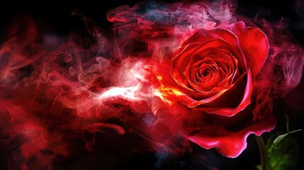 Poster - Enchanted Red Rose Surrounded by Colorful Smoke Against a Dark Background for Artistic and Romantic Imagery in Stock Photography