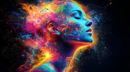 Poster - Vibrant Cosmic Portrait of a Woman with Colorful Hair and Stars in Deep Space Background