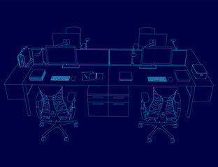 Poster - Blue drawing of a desk with two chairs and a computer. The chairs are facing each other and the desk is filled with various items such as a keyboard, mouse, and a laptop