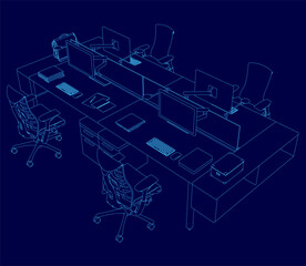 Poster - blue drawing of a desk with four chairs and a keyboard. the chairs are blue and the desk is rectangu