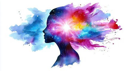 Poster - Vibrant Silhouette of a Woman with a Cosmic Galaxy Hair Design Representing Creativity, Imagination, and Artistic Expression in Colorful Abstract Style
