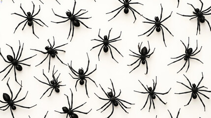 Vector seamless pattern with  black spiders on a white background. Spiders are arranged in the shape of a fan.