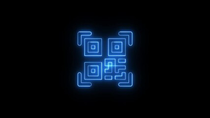 Poster - Blue neon glowing QR code scan icon animation on a black background.