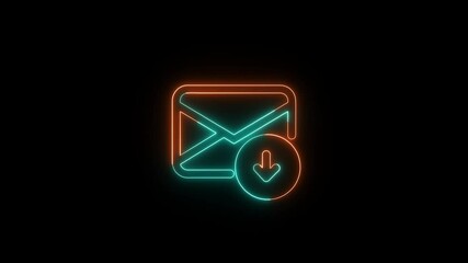 Poster - Neon glowing envelope icon with a download symbol on a black background animation.