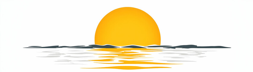 Wall Mural - Serene Sunset Over Calm Waters,  Peaceful ocean scene with a vibrant yellow sun setting behind a dark silhouette of hills, reflecting beautifully on the tranquil surface.