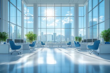 Wall Mural - Modern office interior with white desks, blue chairs, large windows with cityscape view, bright daylight, long shadows, and sophisticated atmosphere.