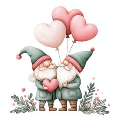 Wall Mural - Valentine gnome couple concept Two gnomes holding a heart with balloons and floral accents, symbolizing love and affection.