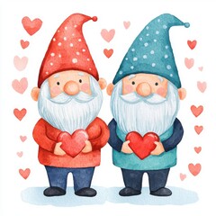 Wall Mural - Valentine gnome couple concept Two gnomes holding hearts with a playful, loving background of hearts.