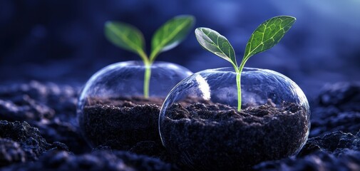 Two young plants grow inside glass bubbles, showcasing a serene, nurturing environment with dark soil and soft blue lighting.