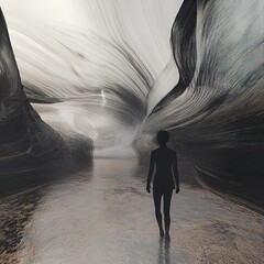 Canvas Print - Woman Silhouette in a Surreal Cave Landscape