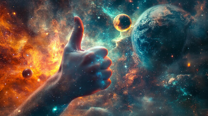 Poster - Abstract image of a hand Thumb up in the form of a starry sky or space, consisting of points, lines, and shapes in the form of planets, stars and the universe. Vector business