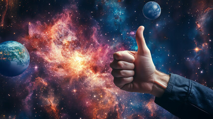 Poster - Abstract image of a hand Thumb up in the form of a starry sky or space, consisting of points, lines, and shapes in the form of planets, stars and the universe. Vector business