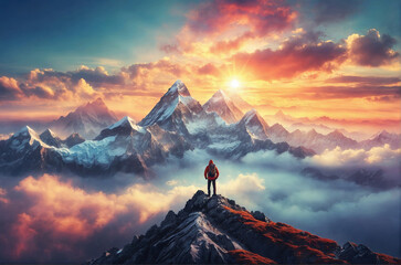 Hiker standing on mountain peak at sunset in stunning alpine landscape