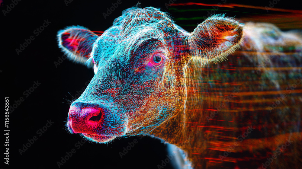 Cow hologram. Holographic projection of a cow. A flickering energy ...